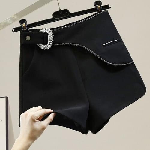 High Waist Slim Black and White Wide Leg Shorts for Women Chain Diamond Casual A- Line Split Short Trousers Ropa Mujer
