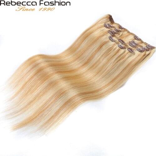 Rebecca Hair 7Pcs In Human Hair Extensions Straight Remy Hair Clip Blonde Color#P27/613 Full Head 7Pcs/Set Remy Hair Weaves