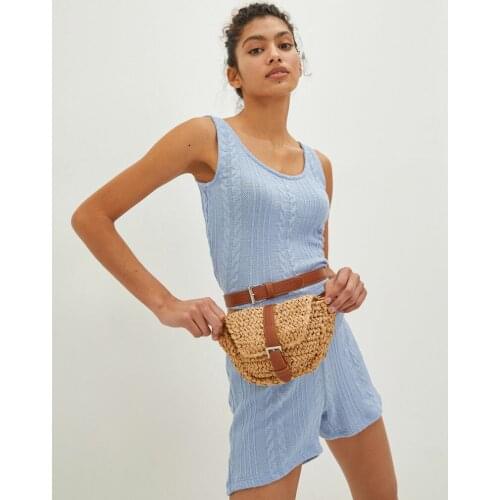 Womens Light Brown Straw Waist Bag Magnetic Closure Waist Belt Buckle Summer Casual Street Holiday Bohemian Evening Style