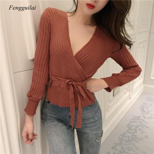 Women Sweater V-Neck Tied Waist Sweaters Elegant Knitted Pullovers Long Sleeve Sweater for Women 2020 Autumn Winter