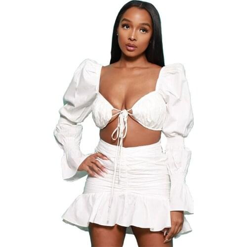 Women White Two Piece Dress Set Autumn Long Puff Sleeve Lace Up Crop Top ANd Mini Ruffle Skirts Sexy Party Matching Set S-XL