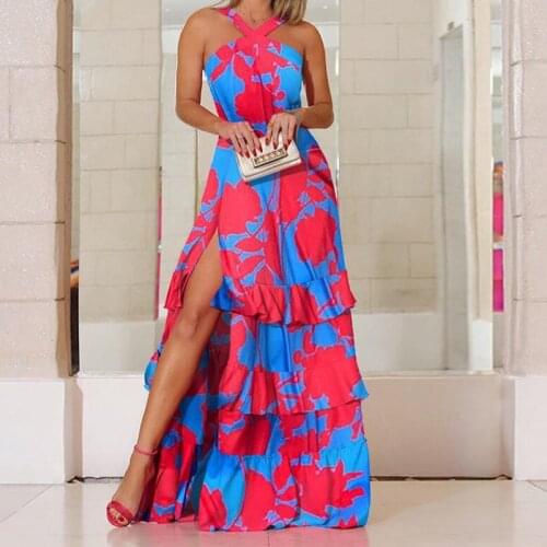 2021 Bohemian Strapless Party Dress Women Elegant Print Sleeveless V Neck High Split Maxi Dresses Female Summer Sexy Beach Dress