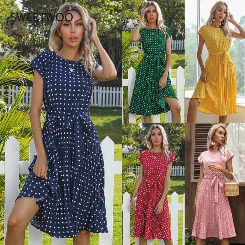 2021 Summer New European and American Mid-Length Polka-Dot Round Neck Short-Sleeved Lace Pleated Dress Women