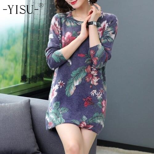 YISU Women Sweater Dress 2020 Autumn winter O-Neck Loose Sweater Straight dress Soft Warm Loose Printed Sweater Dress Women