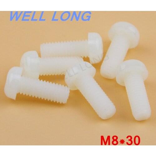 100pcs/lot M8*30mm White Round head cross nylon screws, pan head plastic screws, plastic bolts