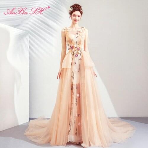 AXJFU princess champagne lace flower evening dress illusion o neck beading crystal illusion flower beach lace evening dress 3266