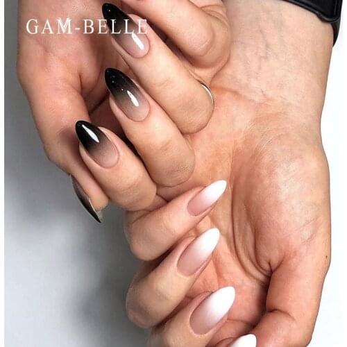 GAM-BELLE White Black Gradient Fake Nails French Long Oval Full Cover Press On Nails Art Decoration Tips with Glue Manicure Tool