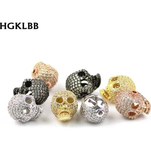 HGKLBB Skull Pendant Copper Spacer beads White Zircon Skeleton charms Metal Loose beads Jewelry making bracelet DIY Accessories