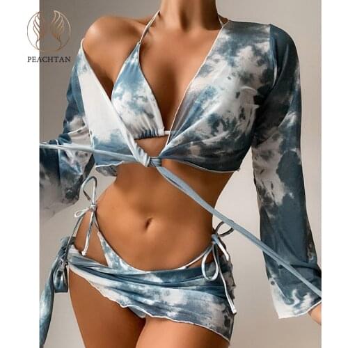 Peachtan Halter string bikini 2021 Tie dye swimwear female Long sleeves 4 pieces set Sexy swimsuit women bathing suit summer new