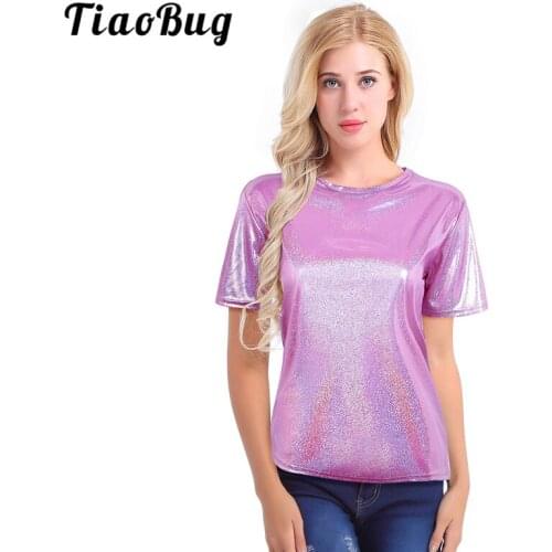 TiaoBug Fashion Women Bright Metallic Reflective Top O-Neck Casual Loose Short Comfy TShirt Festival Rave Short Sleeve Party Top