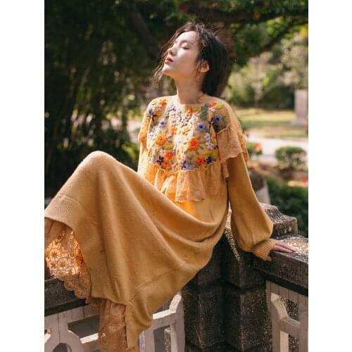 2019 new fashion womens Long stitching lace vintage knit dress