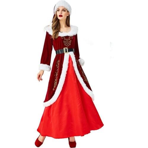 New Year Dress Christmas Cosplay Costume Santa Claus Coral Fleece Velvet Hat Belt Uniform Women Kids Christmas Queen Performance