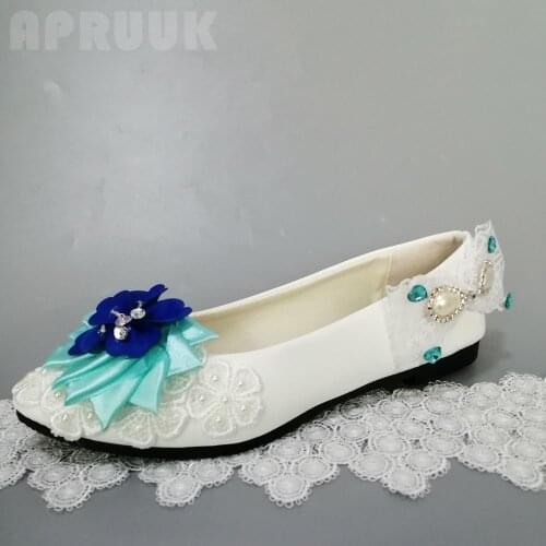 Flats party shoes ladies girls flower lace bow sweet design blue sky blue flower pearls dancing ceremony dress shoes plus size