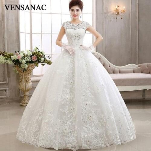 VENSANAC 2018 Crystal Pearls O Neck Sequined Ball Gown Wedding Dresses Lace Appliques Flowers Short Cap Sleeve Bridal Dress