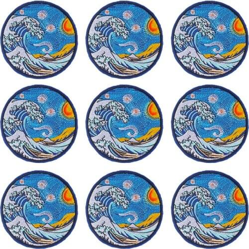 Pulaqi 10PCS Van Gogh Patch Waves Water Wholesale Patches Iron On Patches For Clothing Stripe Wholesale Dropship Custom Patch