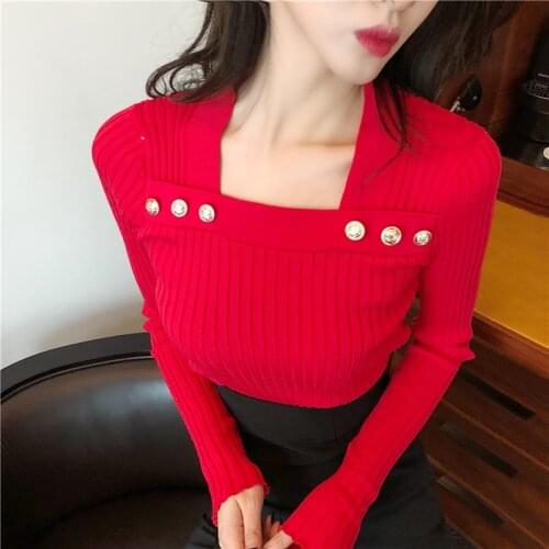 Square Collar Buttons Pullovers Sweaters Women Knitted Slim Stretchy Pullover Sweater Female Full Sleeve Tops Clothing LJM2156
