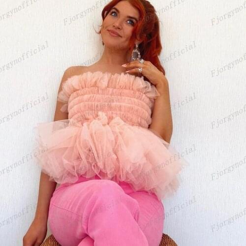 Blush Pink Tops Shirt Short Women Tops Blouse Casual Custom Made Pleated Puffy Tulle Women Top топ женский