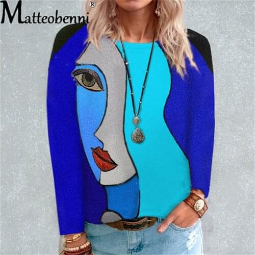 2021 Autumn Fashion Graffiti Woman Face Print T-Shirt Vintage O-Neck Shirt Female Casual Cotton Loose Long Sleeve Tops Plus Size