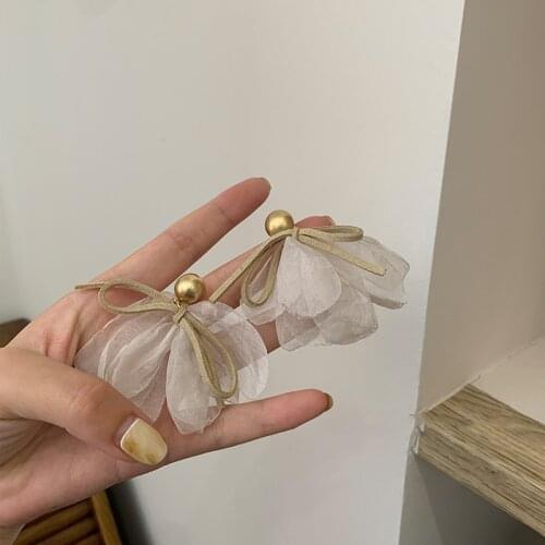 Origin Summer Sweet Perspective Yarn Bowknot Earrings for Women Gold Color Beads Flower Petal Dangle Earrings Wedding Jewelry