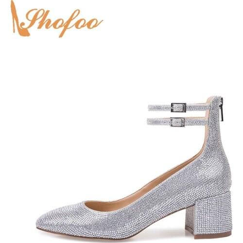 Silver Crystal High Chunky Heels Pumps Round Toe Woman Buckle Strap Large Size 15 16 Ladies Fashion Evening Party Shoes Shofoo