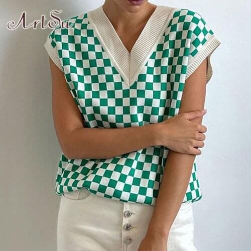 ArtSu Plaid Sweater Vest Y2K Clothes Winter Women Jumper Knitted Sleeveless Knitwear Vintage Autumn Knit Top Cute Kawaii Sweater