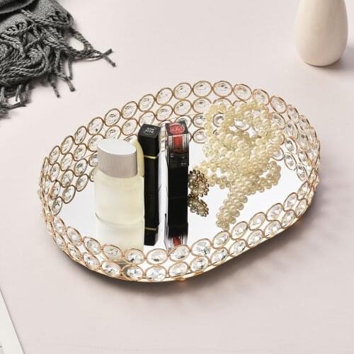 Golden Jewelry Storage Box Tray Glass Mirrored Crystal Cosmetic Make Up Organizer Home Decoration Rack Desktop Plate Tray