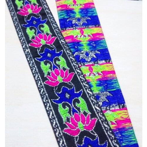 5cm 50mm 2' Blue Hot Pink Lotus Filigree Black Silver Laciness Costume Curtain National Jacquard Ribbon Woven Embroidery Webbing