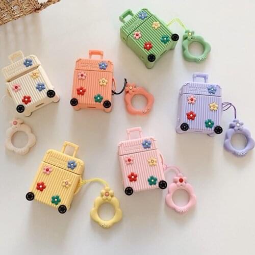 For Apple AirPods Fashion 3D Cute Flower Suitcase Luggage Bag Case for Airpods 2 Floral Trunk Wireless Earphone Protective Cover