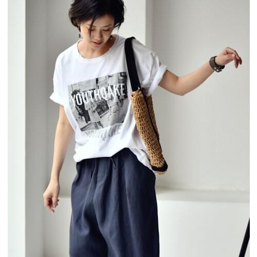 MICOCO T0809C Korean fashion Printed broken edge made old round neck short sleeves pure cotton T-shirt