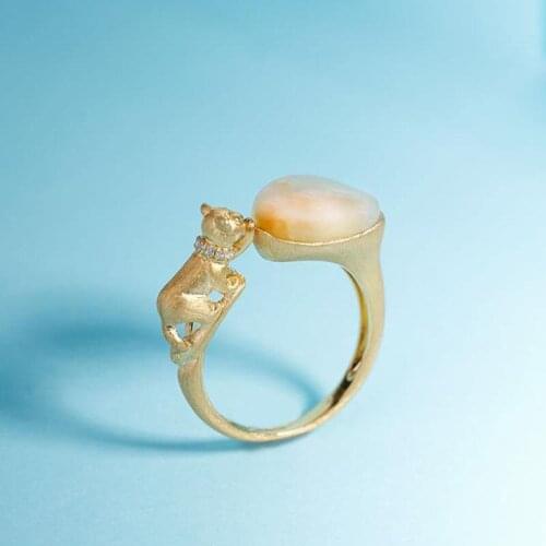 Autumn new style inlaid zircon Hetian jade cat oval opening adjustable ring retro elegant charm ladies silver jewelry