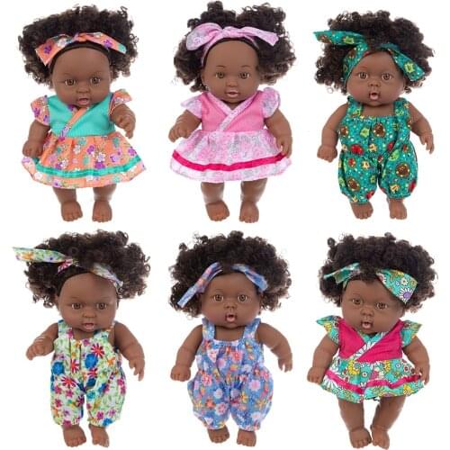25cm Reborn Black Baby Doll with Curly Hair Vinyl Simulation Newborn Baby Doll Realistic Soft Lifelike Toy for Kid Birthday Gift