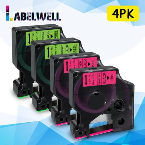 Labelwell 4PK for Dymo D1 12mm label tape 1933238-1 1933238-2 Black on Fluorescent Pink/Green for Dymo Label Manager LM 160 280