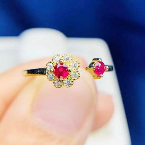 Per jewelry Natural real ruby flower small adjustable ring Free shipping 3*3mm 0.15ct*2pcs gemstone 925 sterling silver T21471