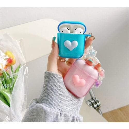 INS Cute Cartoon 3D Love Heart Earphone Cases For Airpods 2 1 Soft Candy TPU Wireless Protect Cover Bag with Love Heart Bracelet