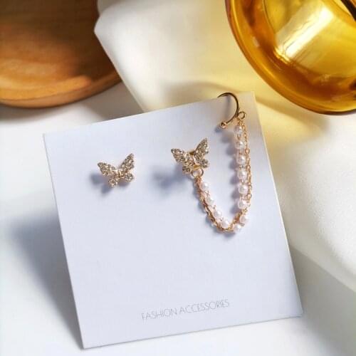 LATS Trendy Butterfly Earrings for Women Girls Asymmetrical Pearl Chain Ear Bone Clip Sweet Rhinestone Earring Korean Jewelry