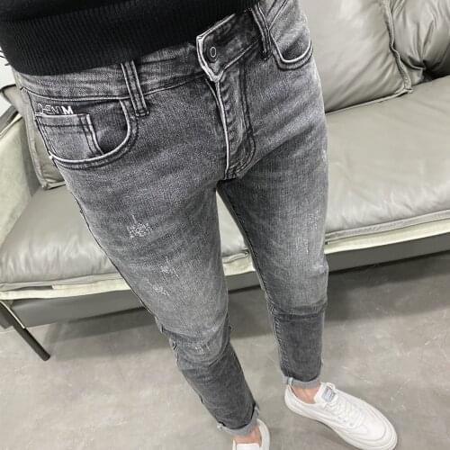 Fashion 2021 gray embroidery small feet slim teenager Denim jeans mens autumn Korean society young students tight trousers