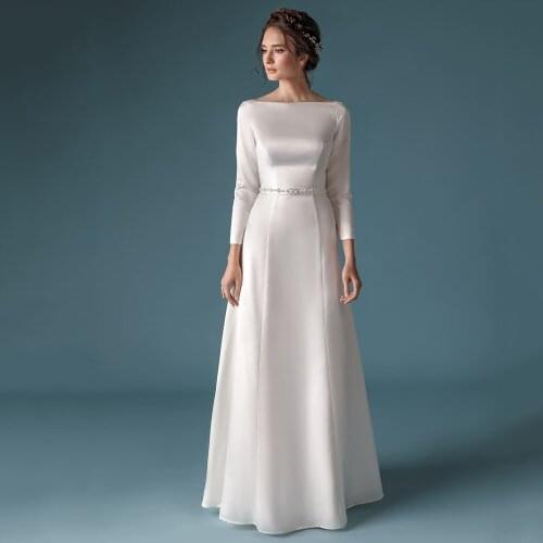 Simple White Woman Wedding Dress For Bride Formal Party Gown Floor Length Bateau Neck With Long Sleeves Robbon Sashes A Line