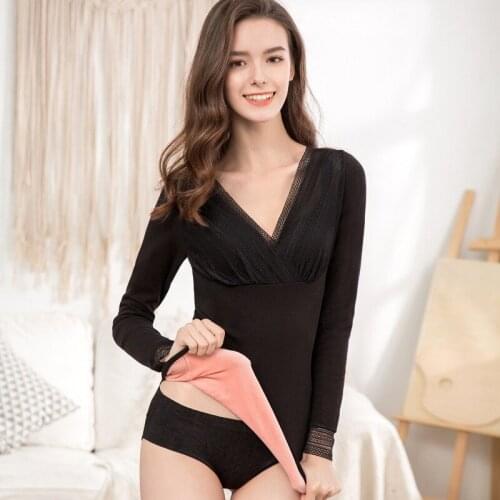 Sexy Deep V-Neck Thermal Underwear Female Winter Thick Warm Pajamas Velvet Tops Women Undershirts Long Sleeve Thermal Clothing