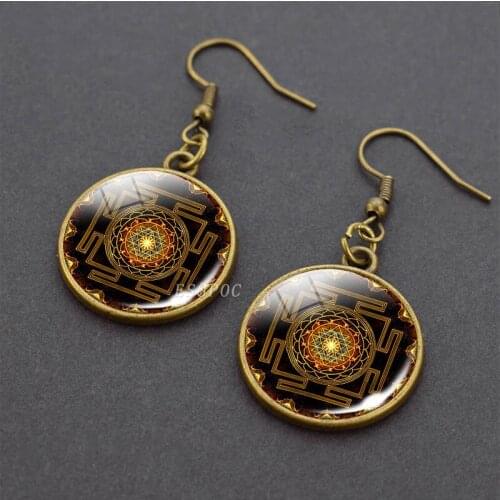Sri Yantra Mandala Sacred Geometry Dangle Hook Earrings Copper Drop Earrings Women Fashion Spiritual Meditation Jewelry