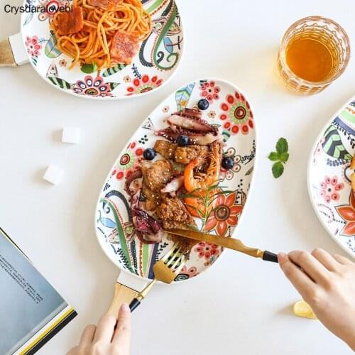 Nordic Dinner Plates Ceramic Dish Steak Salad Tray with Wooden Handle Christmas Steak Plates Home Decor Oval Dishes Drop Ship