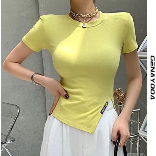 Genayooa Streetwear Split Hem Womens T-shirt Short Sleeve O-neck Korean Tops 2021 Summer T Shirt Women Clothes Tee Shirt Femme