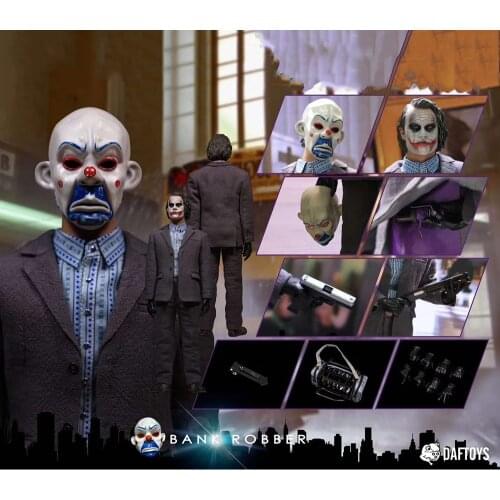 In Stock 1/6 Scale F02 Heath Ledger Joker Clown Mask Bank Robber Suit Costume Head Sculpture*2 Pistol Model Full Set Soldier