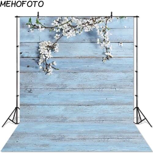 MEHOFOTO Spring Wood Backdrop Light Blue Wooden Wall Flowers Photo Backgrounds Baby Shower Printed Portrait Pet Photo Backdrops