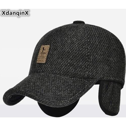XdanqinX Autumn Winter Mens Warm Hat Woolly Thick Baseball Caps With Ears Adjustable Size Ear Cap For Men Snapback Cap Dad Hats