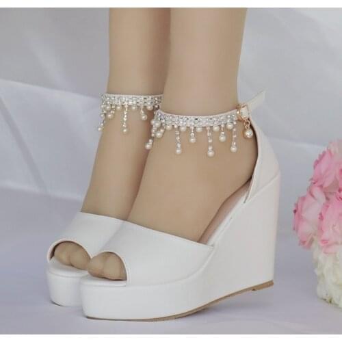 Women sandals wedding Party banquet PU Rhinestones Buckle Strap 11CM Wedges High Heels Peep Toe sandal women shoes size 35-42
