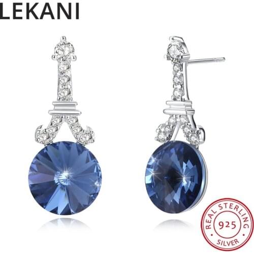 LEKANI Crystals From SWAROVSKI Blue Round Stud Earrings S925 Silver Piercing For Women Party Wedding Fine Jewelry 2018