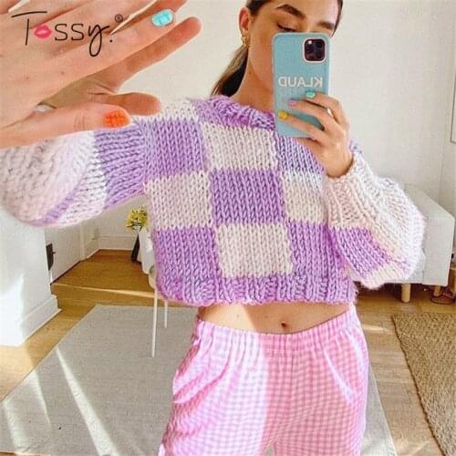 Tossy Plaid Constract Color Knitted Pullover Long Sleeve Chic Fashion Crop Sweety Sweaters Streetwear 2021 Autumn New Y2K