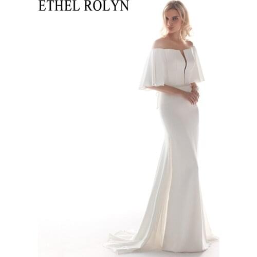 Elegant Boat Neck Mermaid Wedding Dresses 2021 Satin Batwing Sleeve Illusion Backless ETHEL ROLYN Bridal Gown Vestido De Noiva