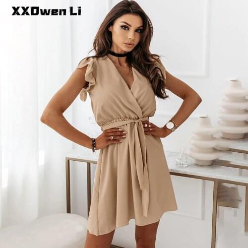 Summer Ruffles Pure Color Mini Dress For Women Sexy V-neck Sleeveless Party Dresses 2021 Casual blue Beach Woman Robe Femme
