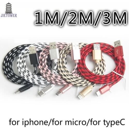 1m 2m 3m Braided Micro typeC 8pin USB Charger Cable Fabric Data Sync Lead cable for samsung/iphone type C wholesale 300pcs/lot